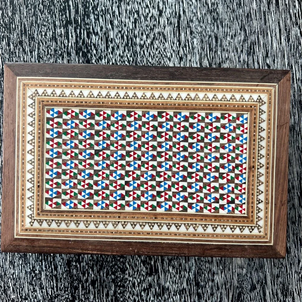 Vintage Wooden Marquetry Jewelry Box White,‎ Red, Green, Blue